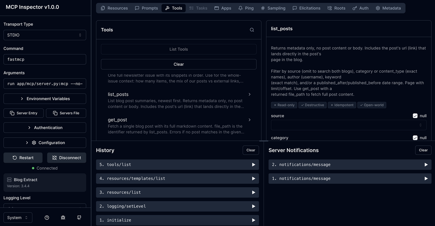 Screenshot of the list_posts tool through the Inspector UI