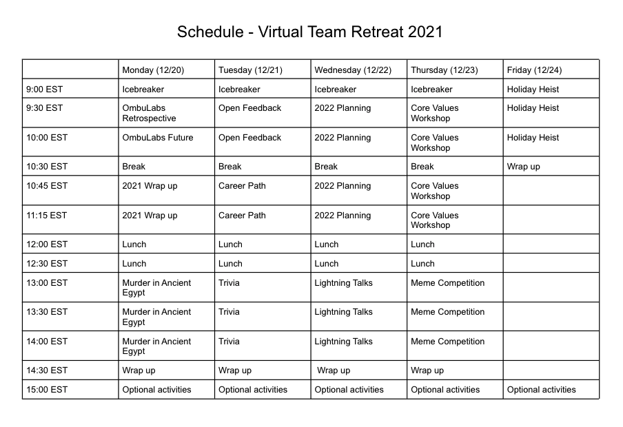 team retreat schedule